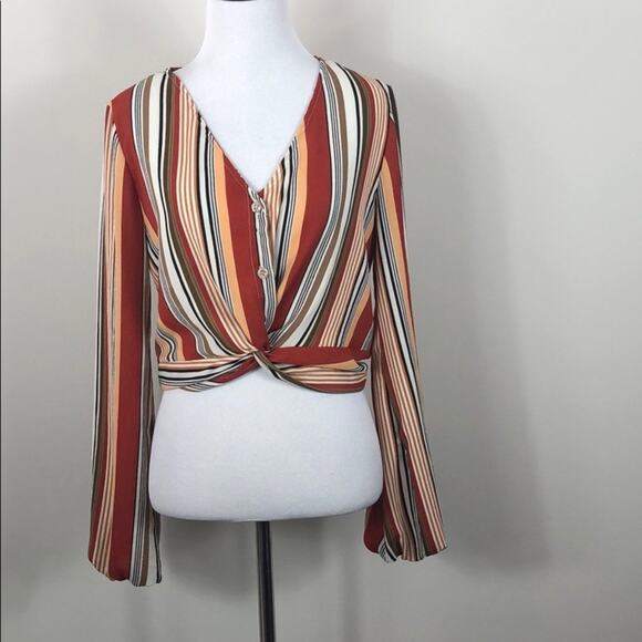 Polly Esther Top Striped Twist Button Front - Picture 2 of 6